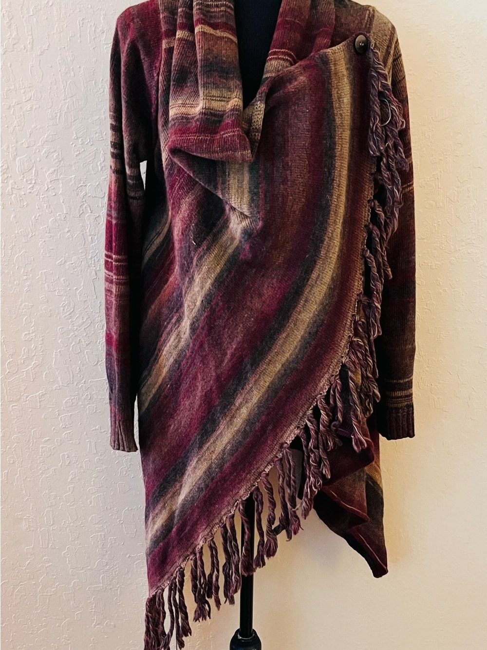 lovestitch Navy and Brown Fringed Asymmetrical Poncho